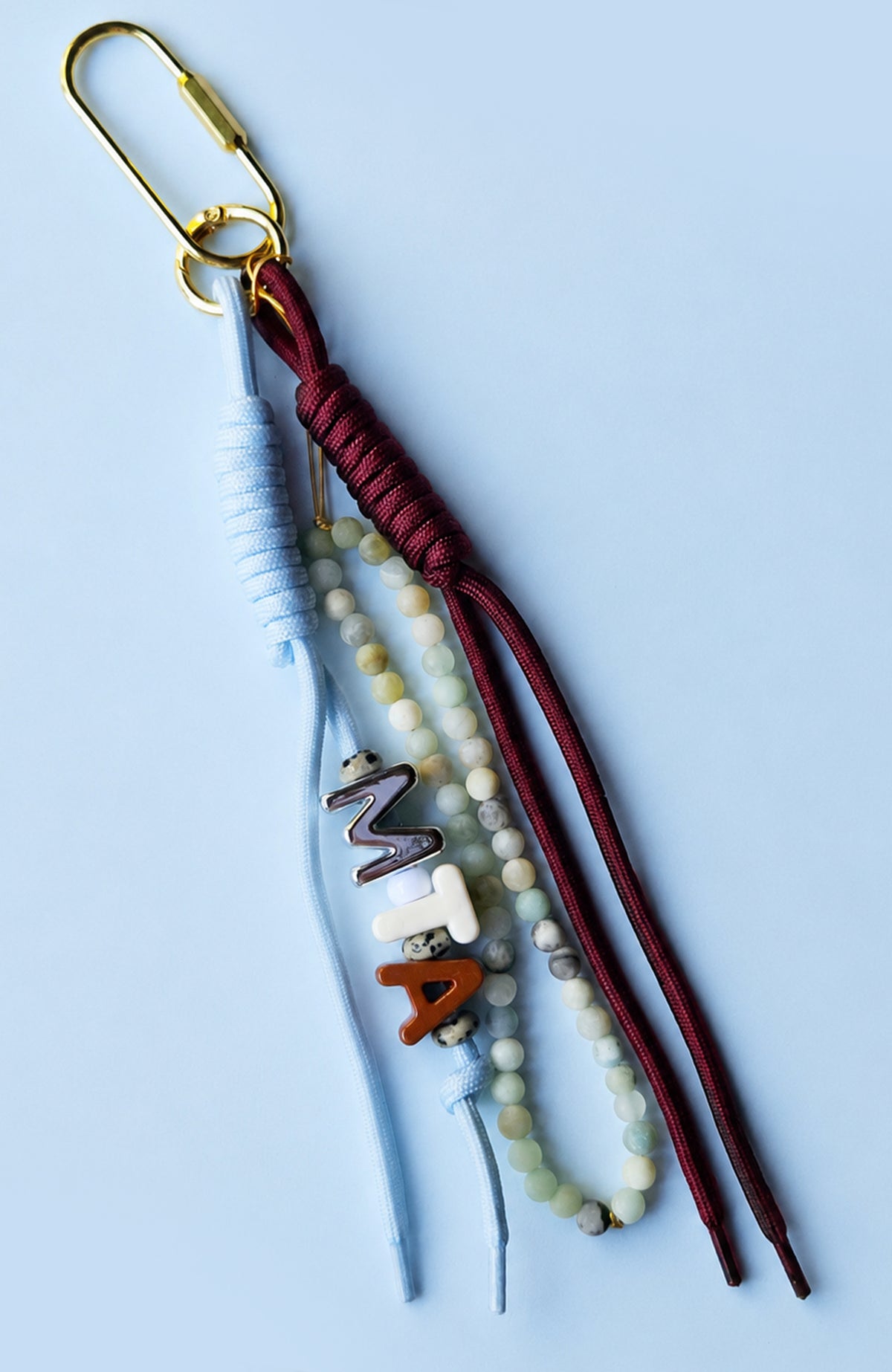 Personalised Blue And Burgundy Candy Bead Bag Charm