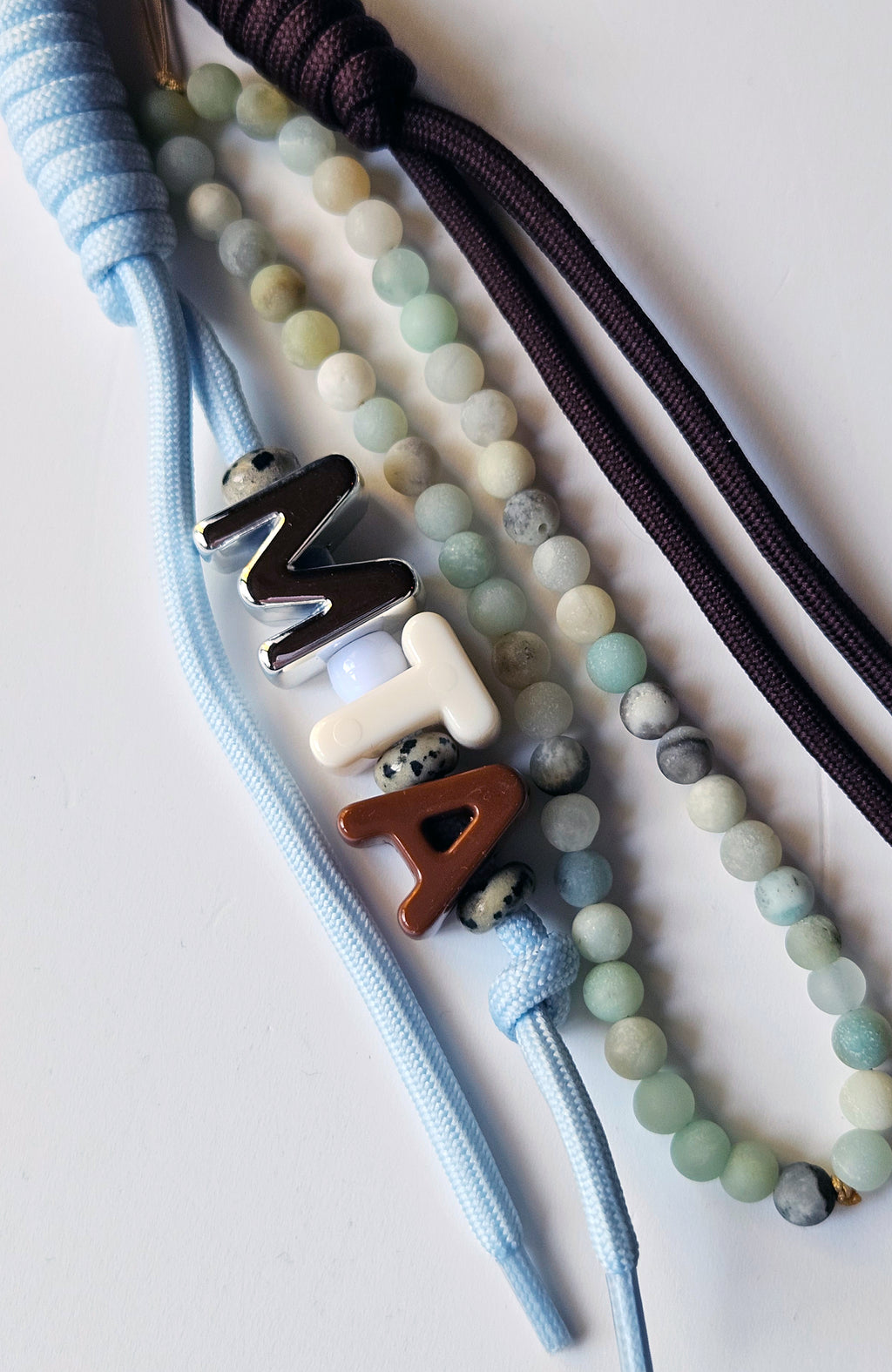 Personalised Blue And Burgundy Candy Bead Bag Charm