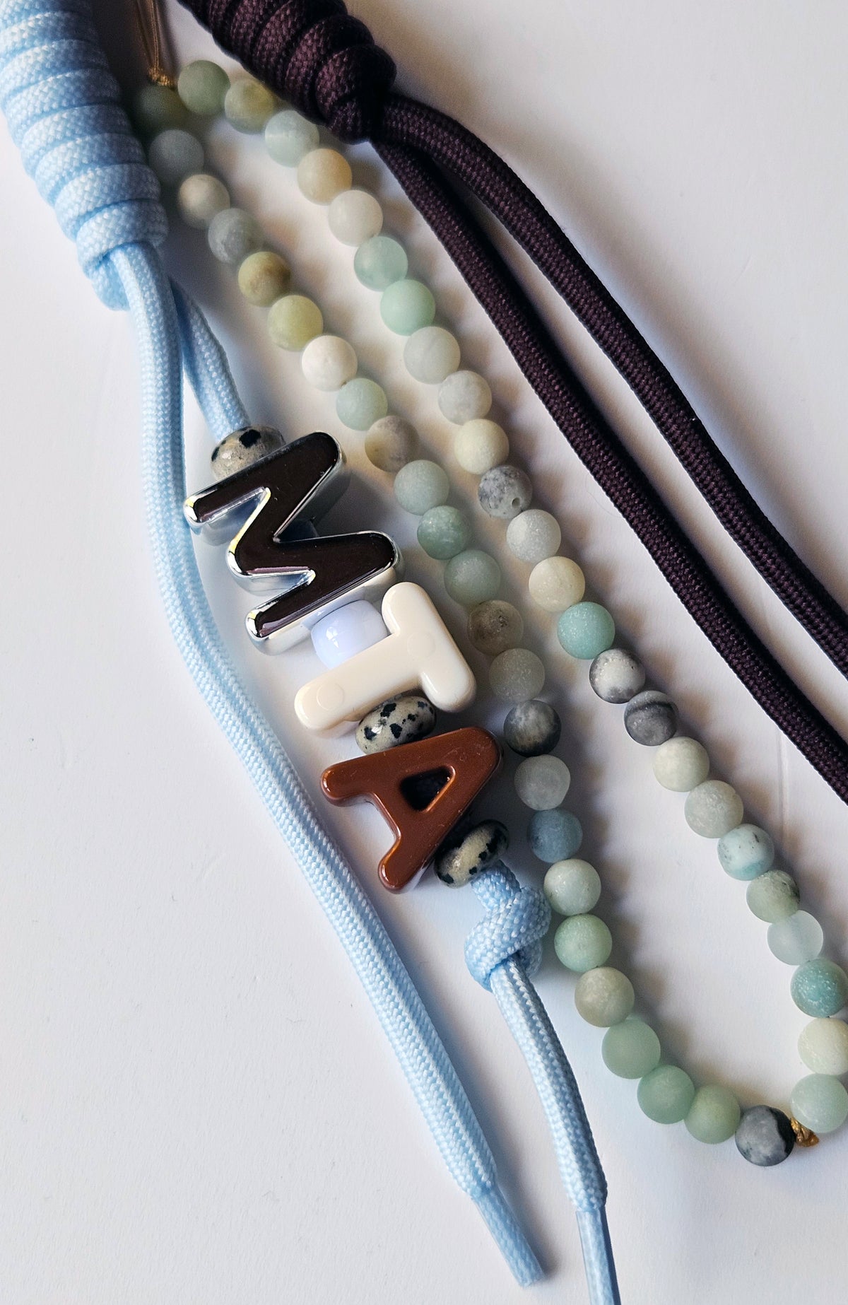 Personalised Blue And Burgundy Candy Bead Bag Charm