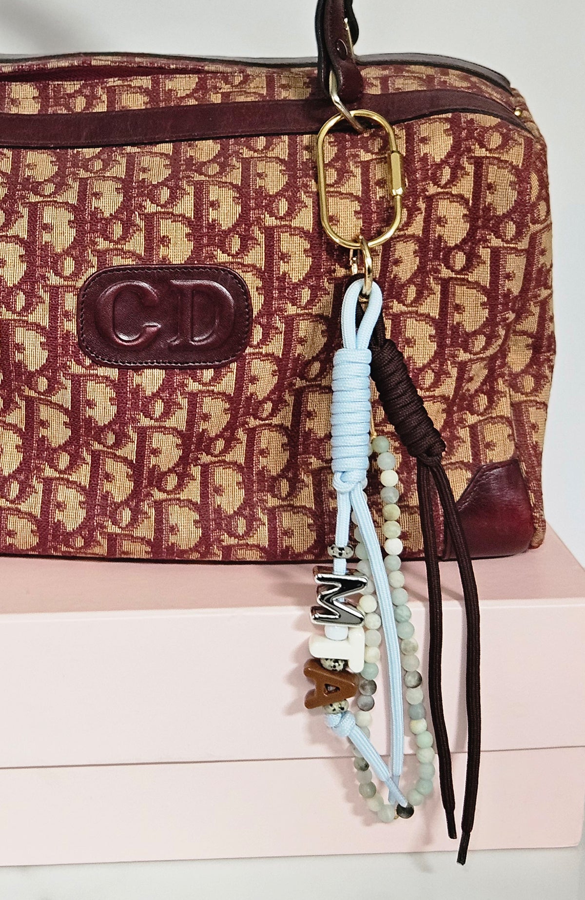 Personalised Blue And Burgundy Candy Bead Bag Charm