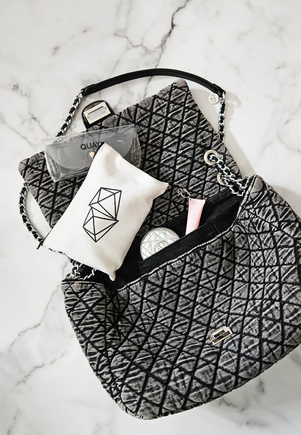 Meredith Quilted Grey Denim Shoulder Bag