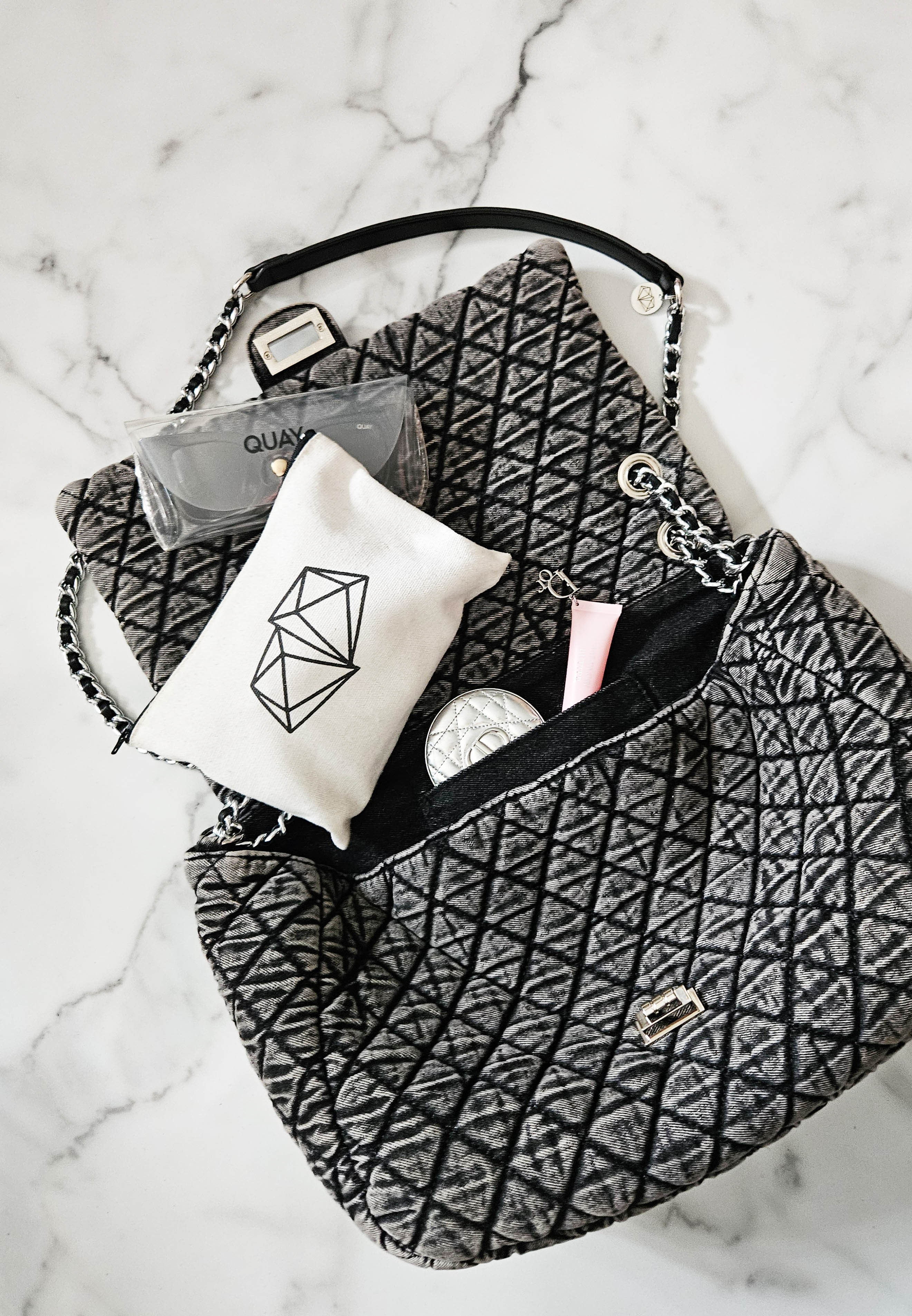 Meredith Quilted Grey Denim Shoulder Bag