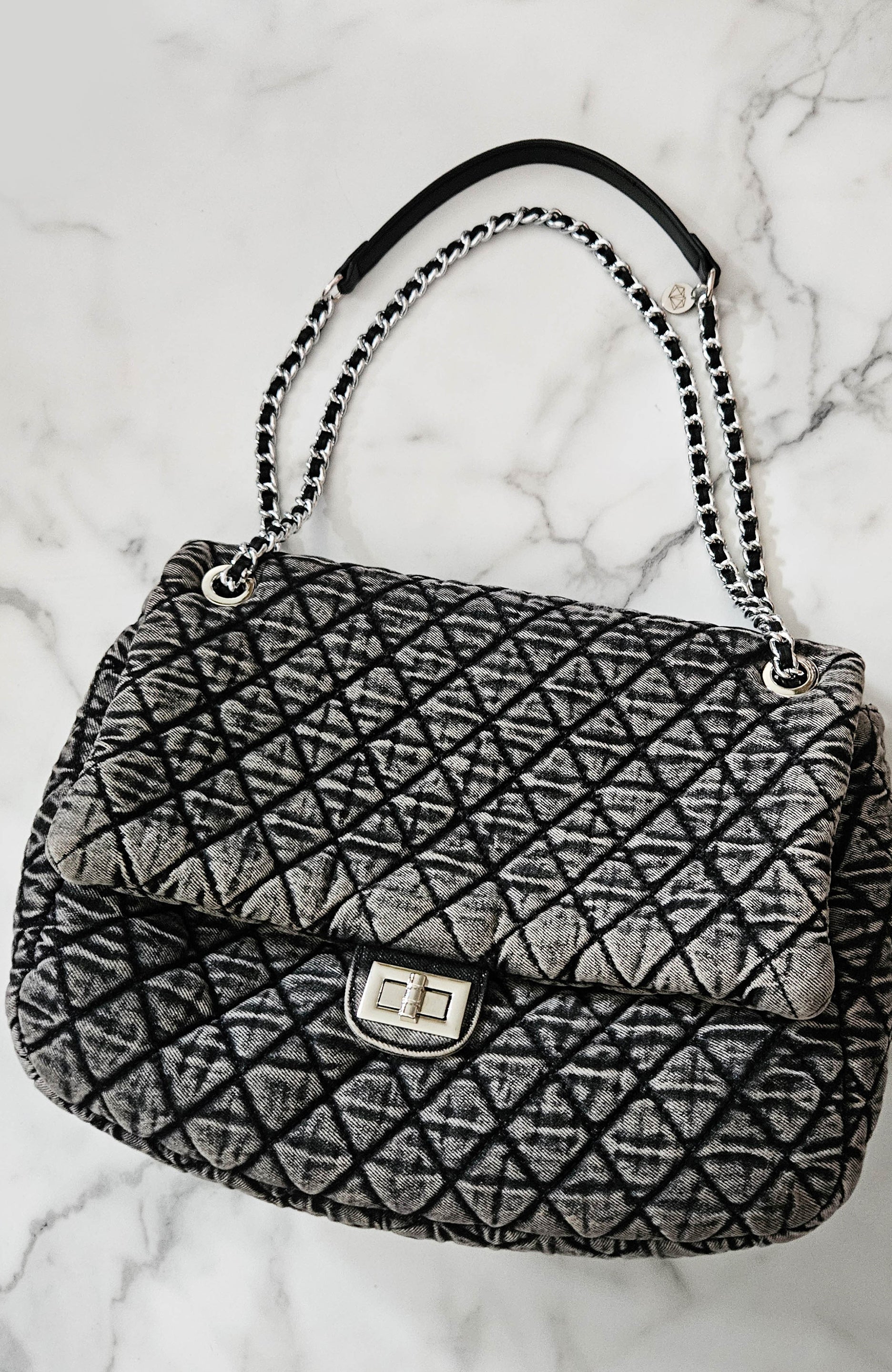 Meredith Quilted Grey Denim Shoulder Bag